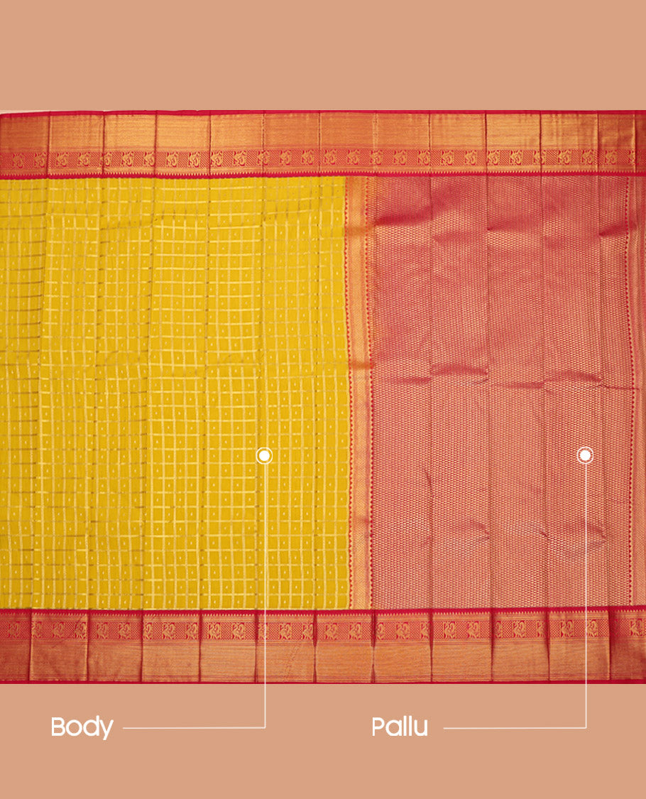 Yellow Budget Silk Saree, Gracefully Embellished with Zari Butta Enclosed Checks on Its Body, Complemented by a Contrast Traditional Zari Border, Grand Jaal Pallu, and Paired with a Contrast Blouse