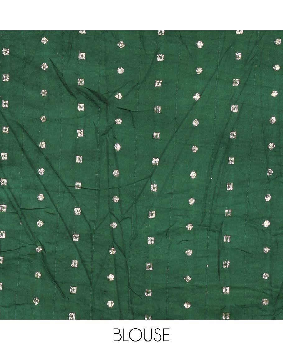 Pista green horizontal stripes printed lassi cotton saree, lace border & contrast buttas woven blouse