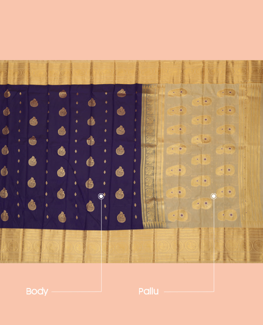 Navy Blue Budget Silk Saree, Crafted with Zari Buttas, Complemented by Contrast Traditional Zari Border, a Grand Pallu and a Contrast Blouse