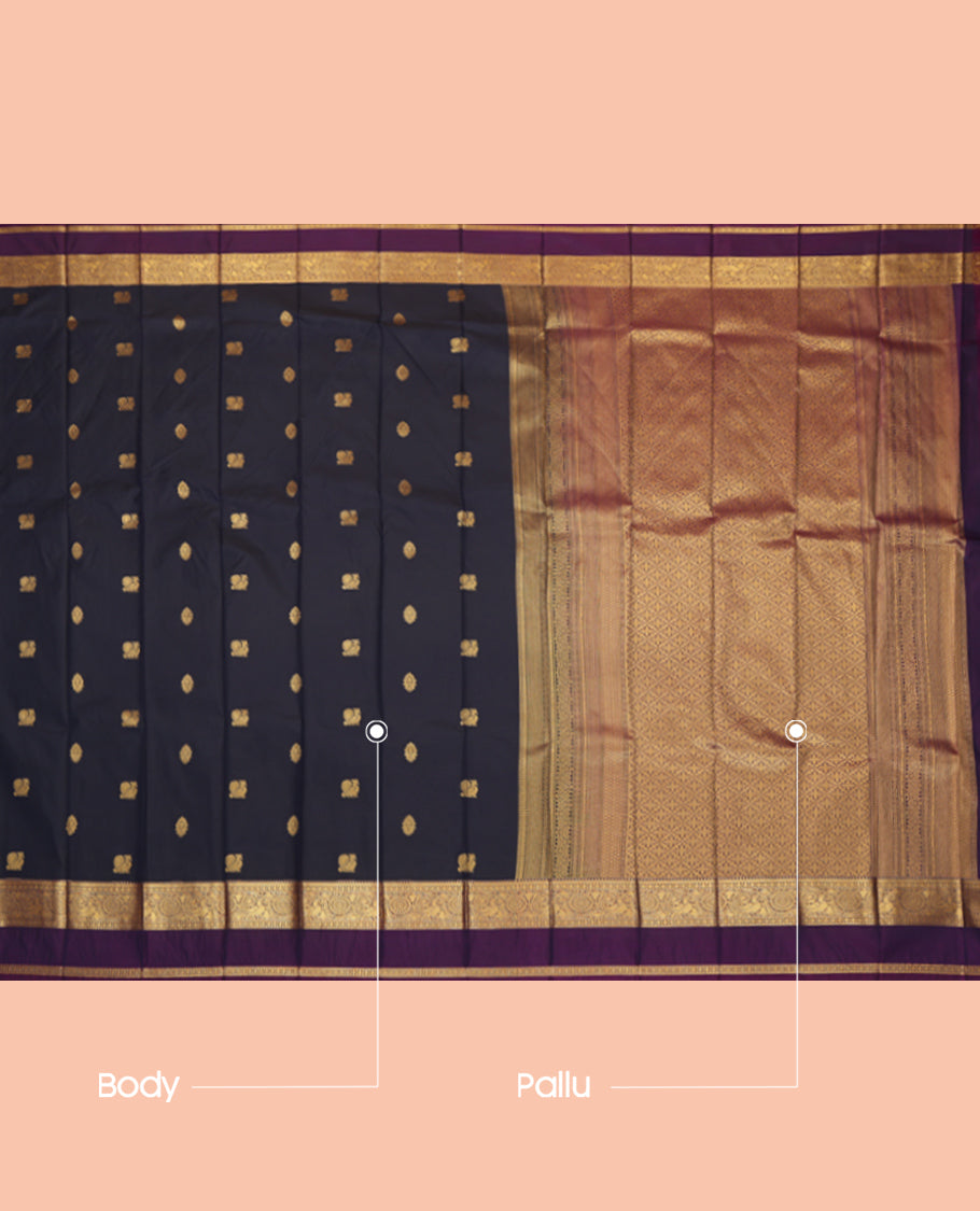 Blue Budget Silk Saree, Adorned with Peacock and Floral Buttas, a Contrast Traditional Zari Rettai Pettu Border, a Grand Pallu and a Contrast Blouse