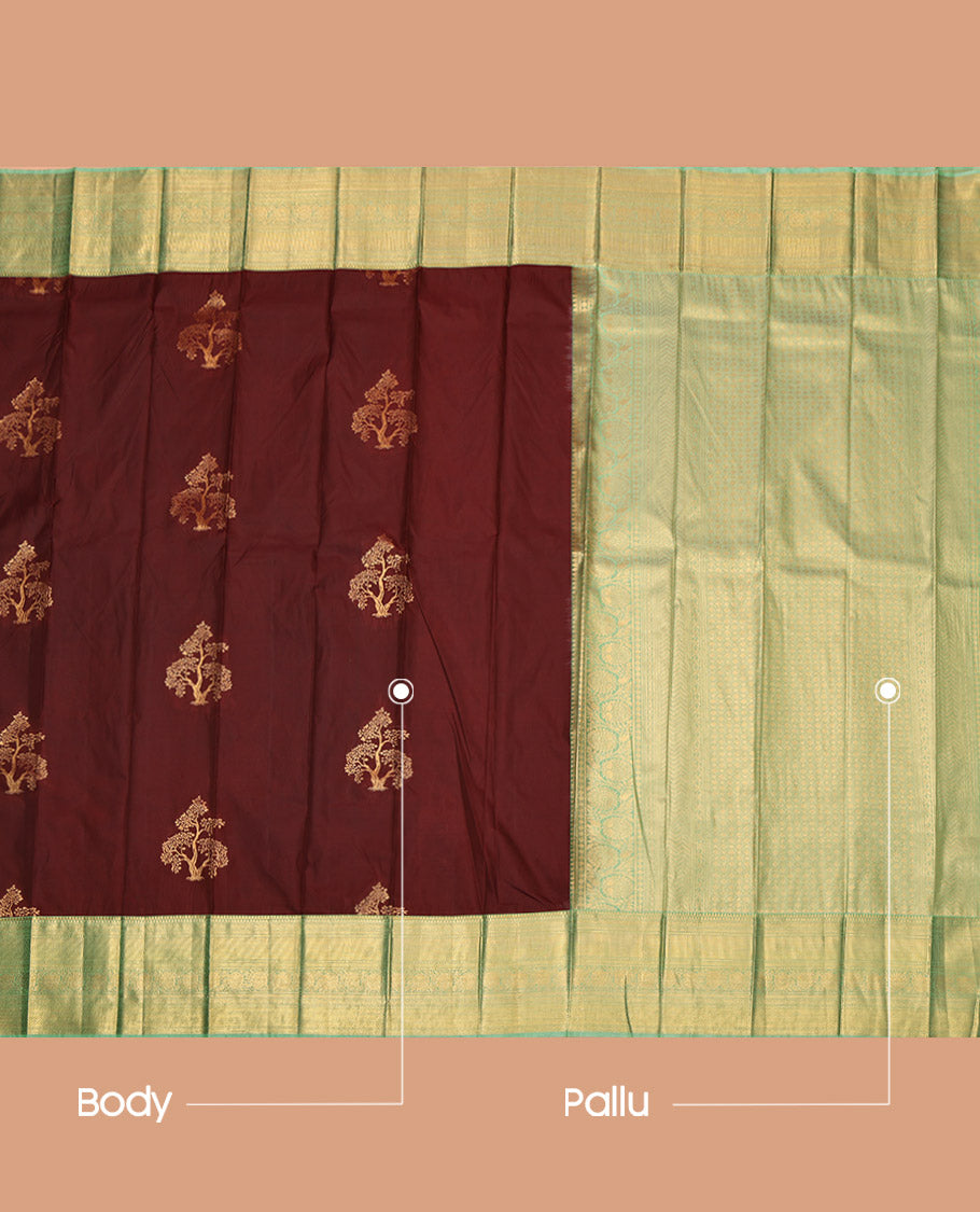 Brown Budget Silk Saree, Bedecked with Tree Zari Buttas, Complemented by a Contrast Traditional Border, Grand Pallu, and a Contrast Blouse