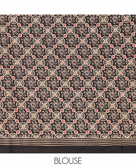 Black striped printed satincrepe saree with self striped border & printed pallu along with ajrakh printed blouse