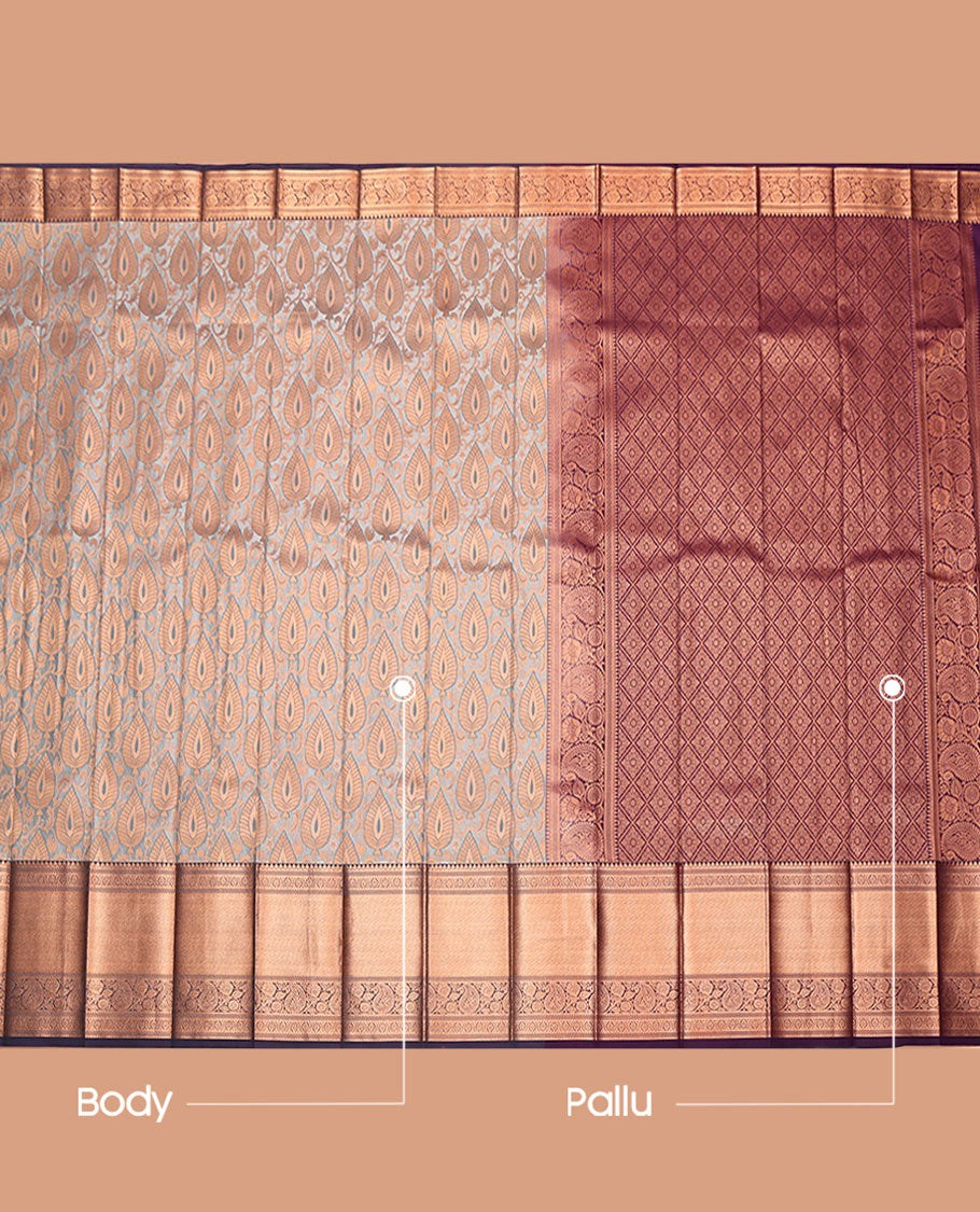 Grey Budget Silk Saree, Uniquely Detailed with Jacquard Design, Complemented by a Contrast Traditional Zari Border, Jaal  Pallu, and a Contrast Blouse