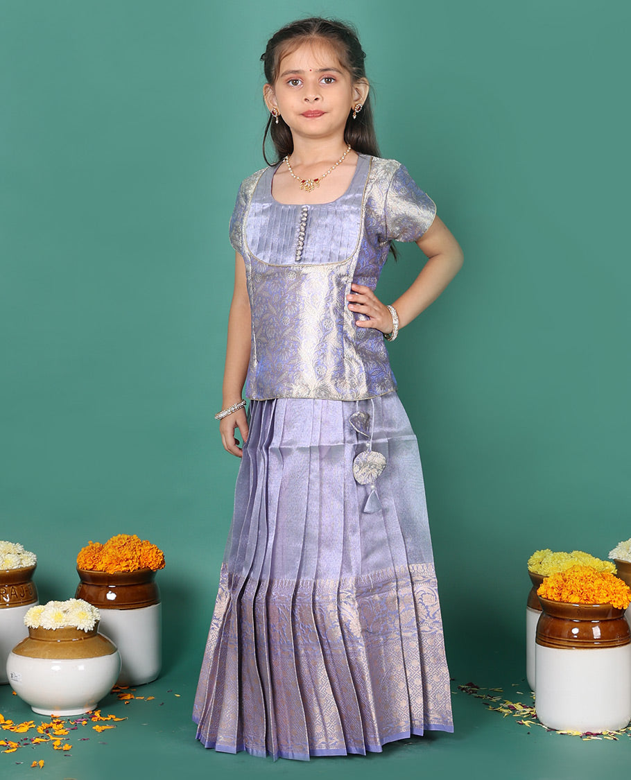 Violet readymade art silk pavadai, traditional zari border skirt, & jacquard short-sleeve round-neck blouse