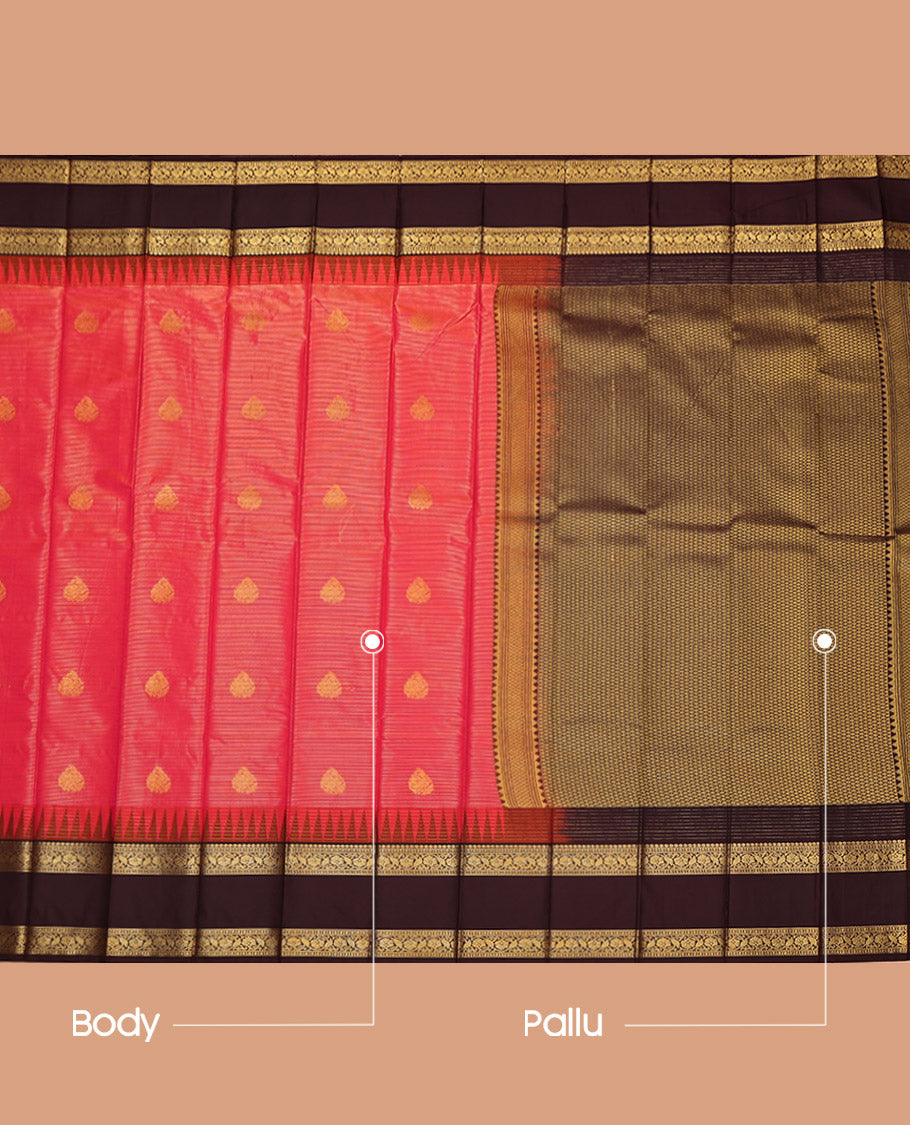 Pink Budget Silk Saree, Grandly Sparkled with Zari Buttas and Stripes on Its Body, Complemented by a Contrast Traditional Zari Design Rettai Pettu Temple Border, Jaal Pallu, and Paired with a Contrast Blouse