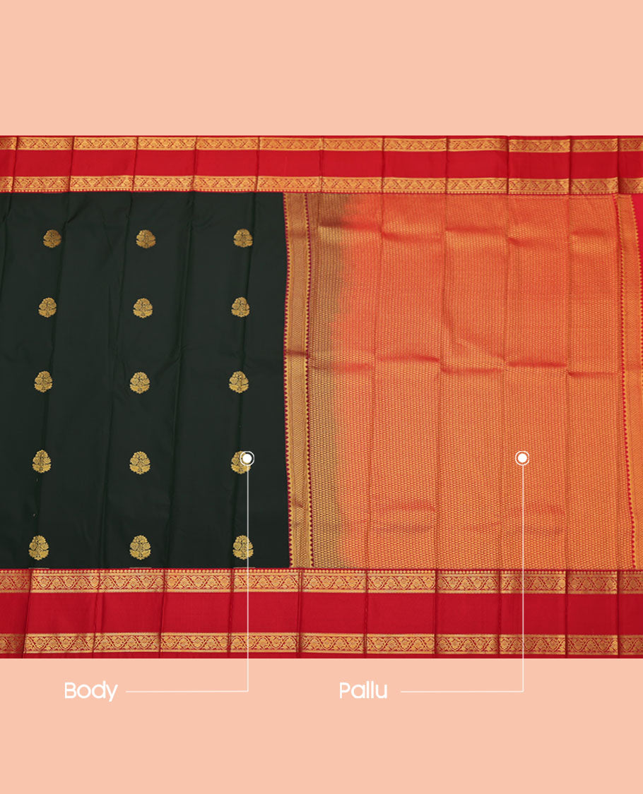 Deep Green Budget Silk Saree, Decked Up with Zari Buttas, Contrast Traditional Zari Rettai Pettu Border, Grand Jaal Pallu, and a Contrast Blouse