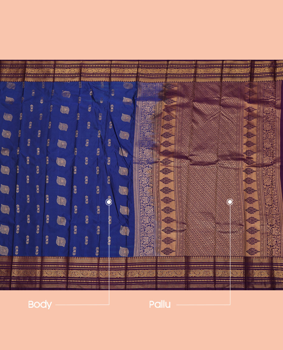 Blue Budget Silk Saree, Elevated with Zari Buttas on Its Body, Complemented by a Contrast Traditional Zari Border, Grand Diagonally Striped Pallu, and Paired with a Contrast Blouse
