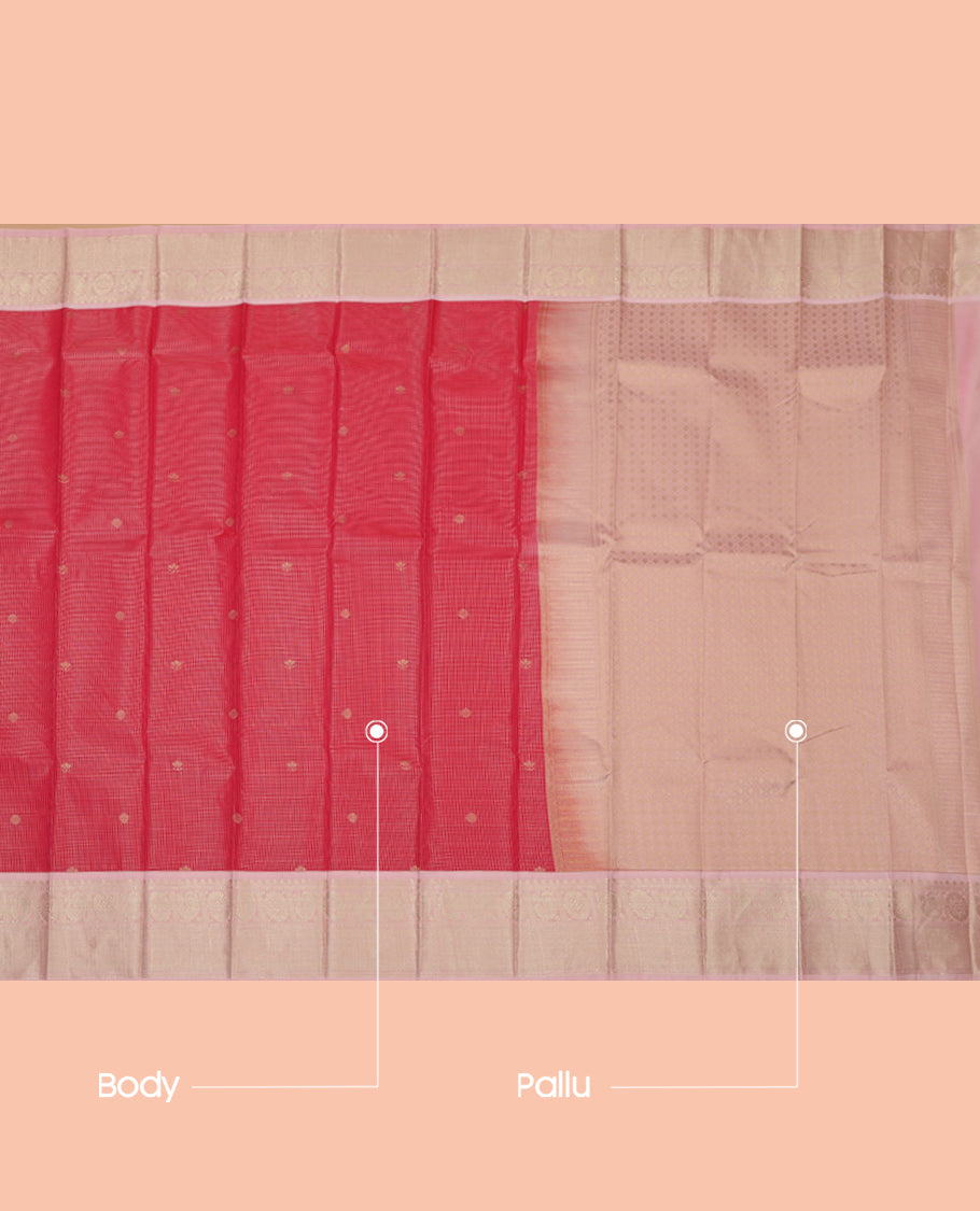 Red Budget Silk Saree, Woven with Zari Buttas and Checks, a Contrast Traditional Zari Border, Sparsely Woven Pallu, and a Contrast Blouse