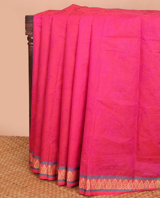 Pink sparely floral design Combatiore cotton saree, unique design border & contrast floral & geometric design pallu