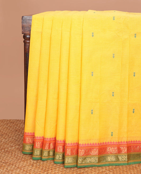 Yellow thread buttas Chettinad cotton saree, thread-woven border of paisleys & floral designs, & pallu of buttas & stripes