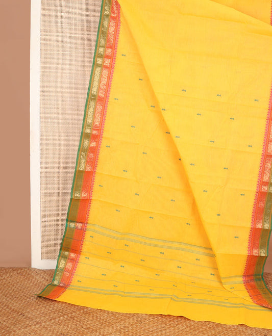 Yellow thread buttas Chettinad cotton saree, thread-woven border of paisleys & floral designs, & pallu of buttas & stripes