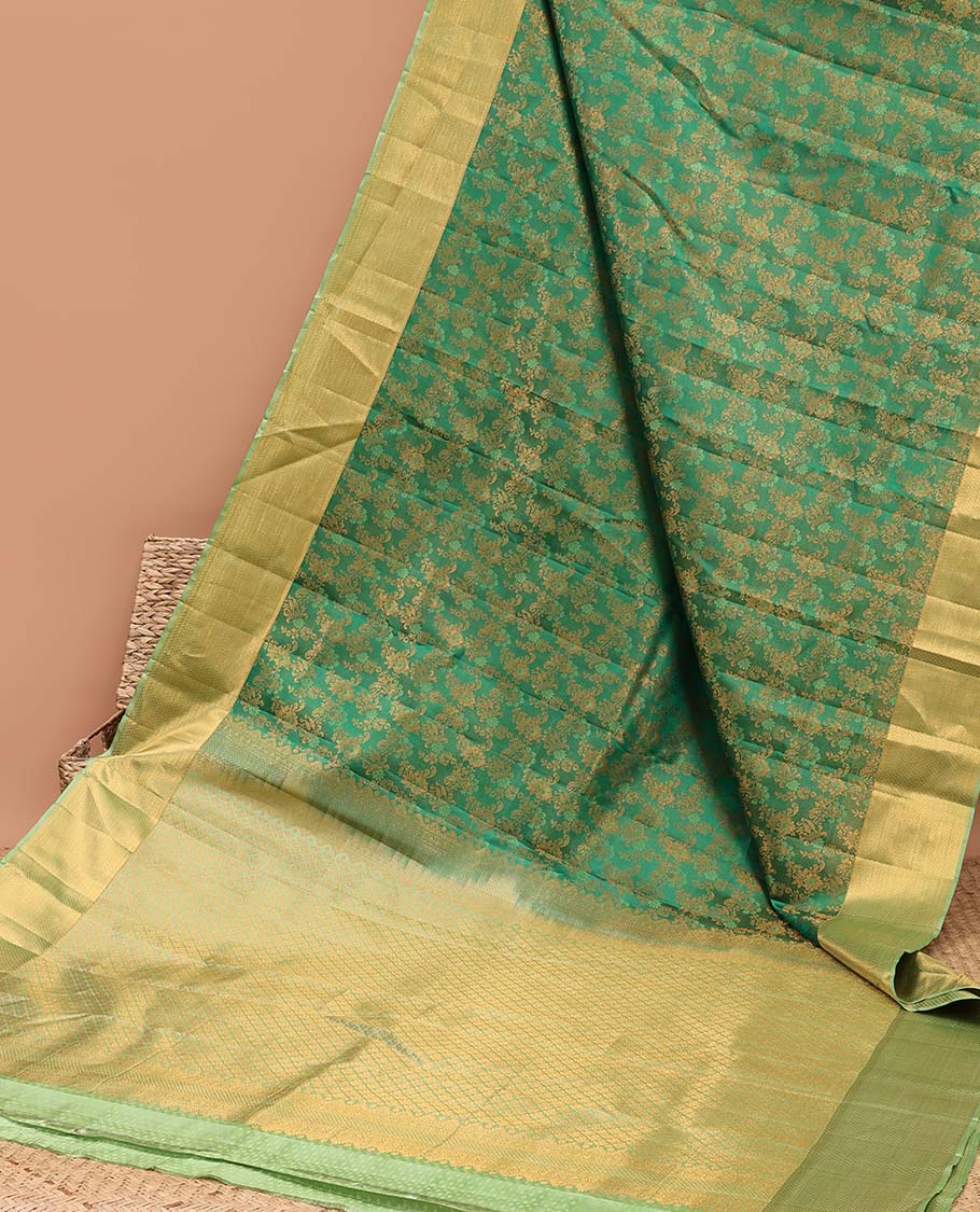 Green floral jacquard kancheepuram silk saree with contrast checked zari border & pallu of argyle pattern