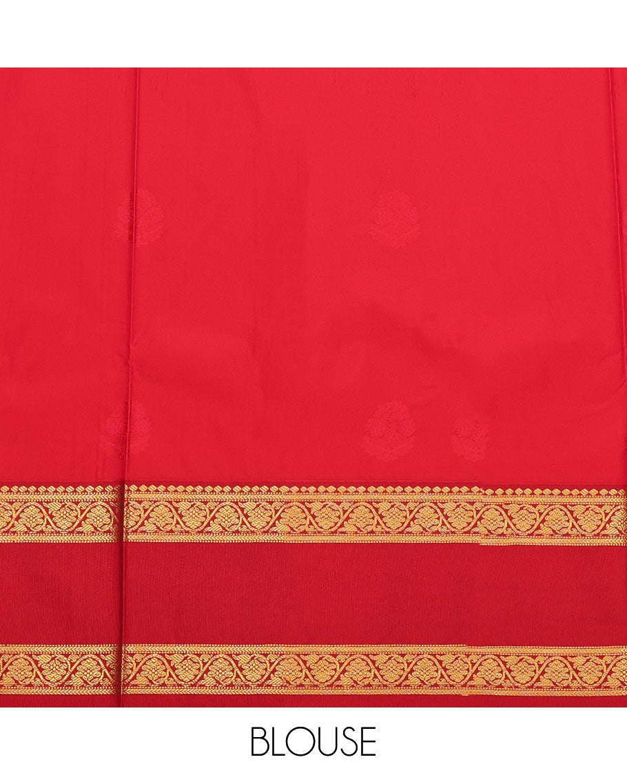 Deep Green Budget Silk Saree, Decked Up with Zari Buttas, Contrast Traditional Zari Rettai Pettu Border, Grand Jaal Pallu, and a Contrast Blouse