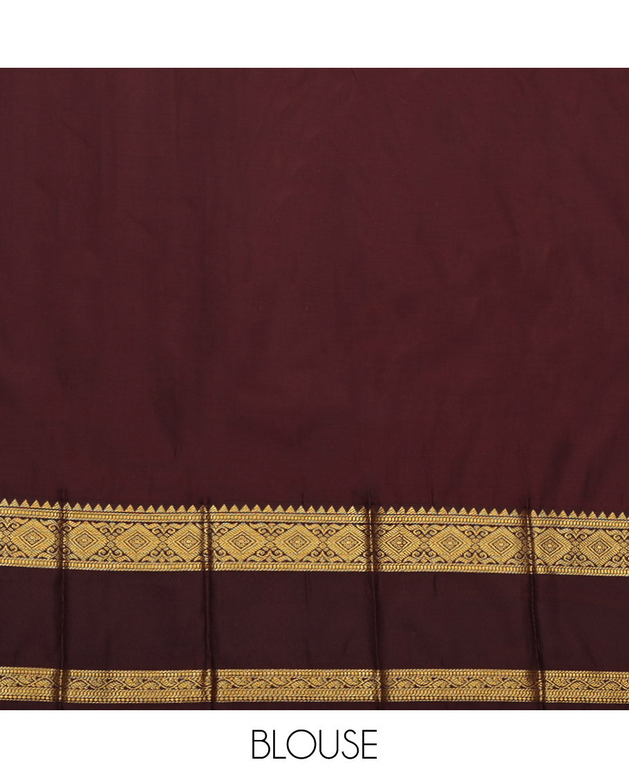 Red Budget Silk Saree, Highlighted by Zari Buttas, Complemented by Contrast Traditional Rettai Pettu Border, Grand Pallu and a Contrast Blouse