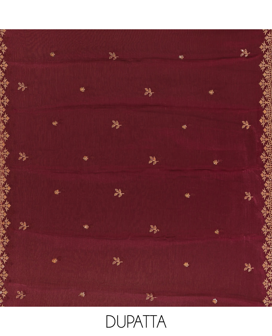Purple chudidar material set, floral design thread embroidered Burberry top, floral-themed embroidered Burberry dupatta & plain Santoon bottom