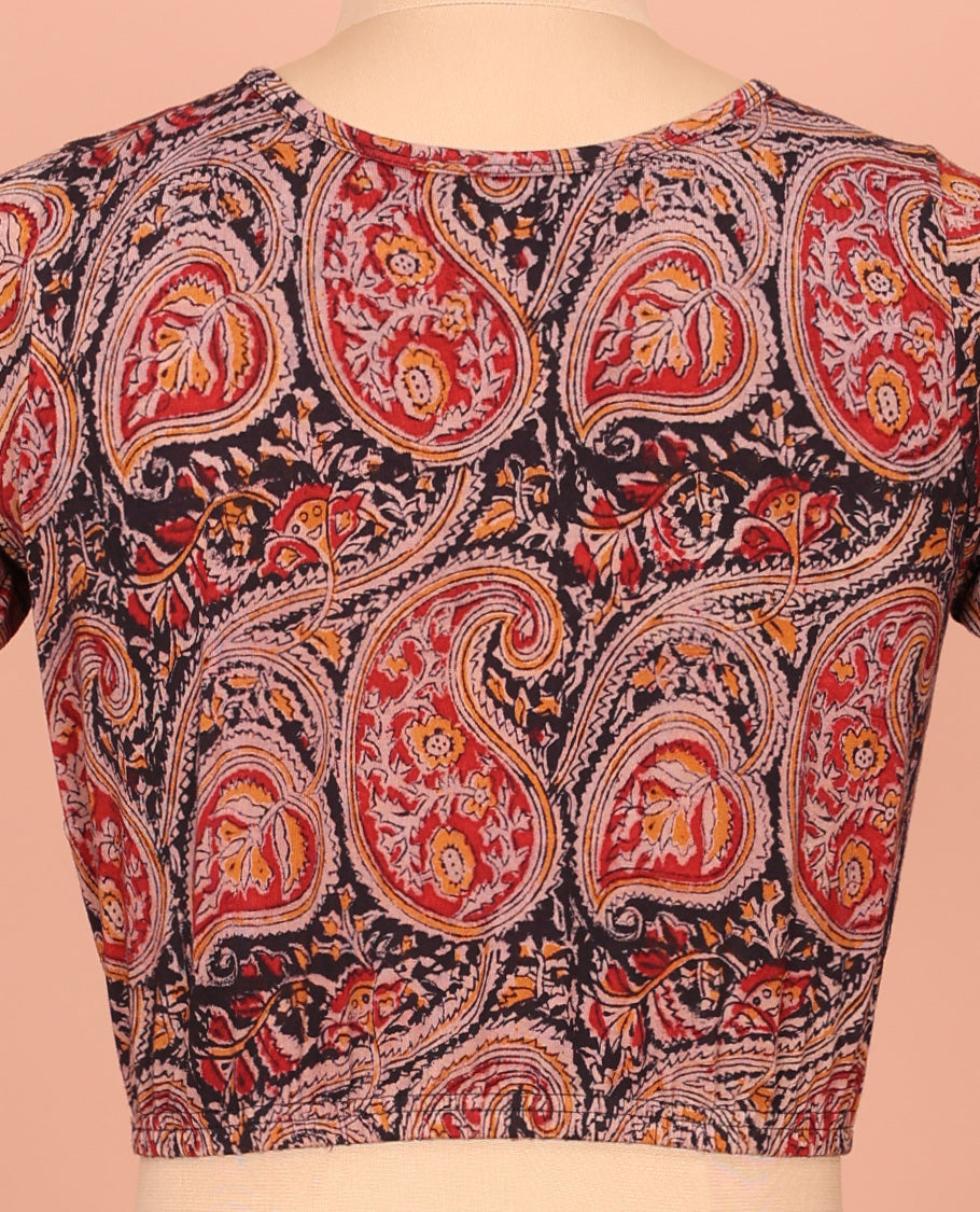 Black and Red Cotton Readymade Blouse Decked up with All-Over Paisley Motifs Print, Front Round-Neck, Back Round Neck, and Elbow Sleeves