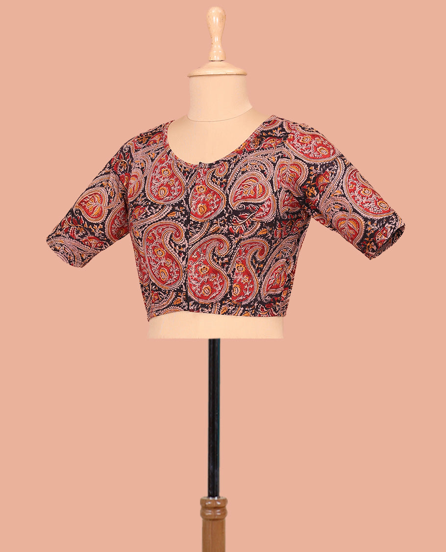 Black and Red Cotton Readymade Blouse Decked up with All-Over Paisley Motifs Print, Front Round-Neck, Back Round Neck, and Elbow Sleeves