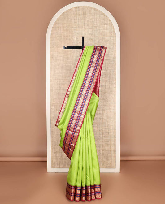 Green zari striped silk saree, contrast border & pallu of muthu,kathir,bentex & kodi mayil,yaali & yaanai designs
