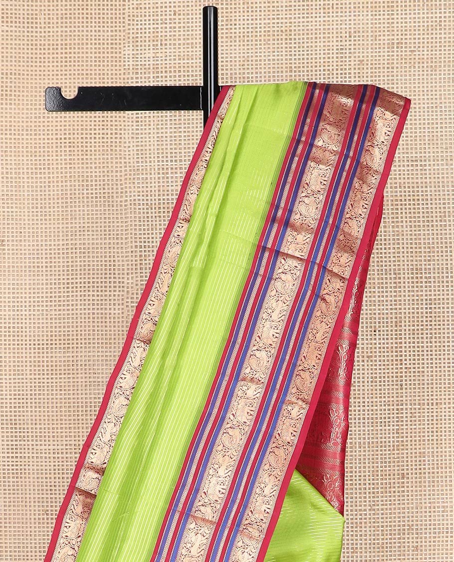 Green zari striped silk saree, contrast border & pallu of muthu,kathir,bentex & kodi mayil,yaali & yaanai designs