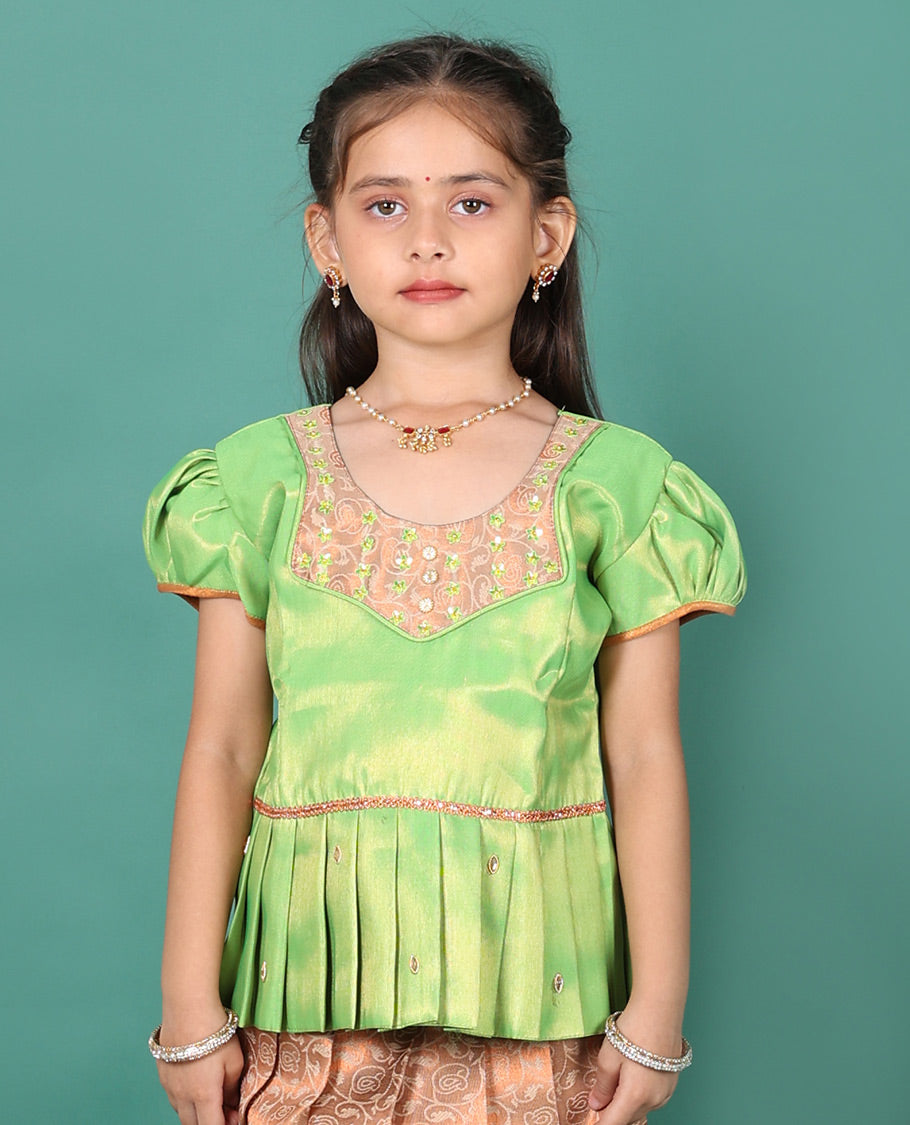 Peach readymade art silk pavadai, jacquard & contrast traditional zari border skirt, & puff-sleeve round-neck blouse