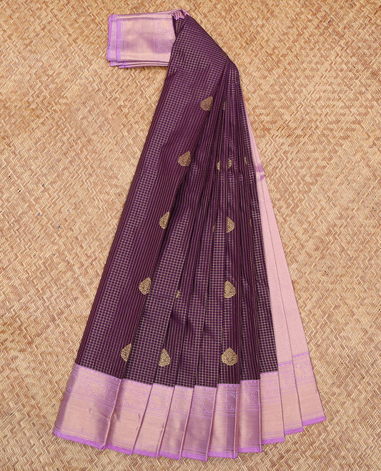 Purple Budget Silk Saree, Embellished with Zari Buttas and Checks, a Contrast Traditional Zari Border, Grand Pallu, and a Contrast Blouse