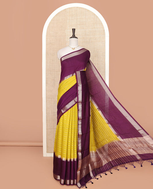 Yellow Assam Silk Saree Richly Detailed with Zari Stripes, Complemented by a Big Contrasting Colored Zari Border of Traditional Designs, a Pallu Steeped with Zari Stripes, and Paired with a Contrast Blouse