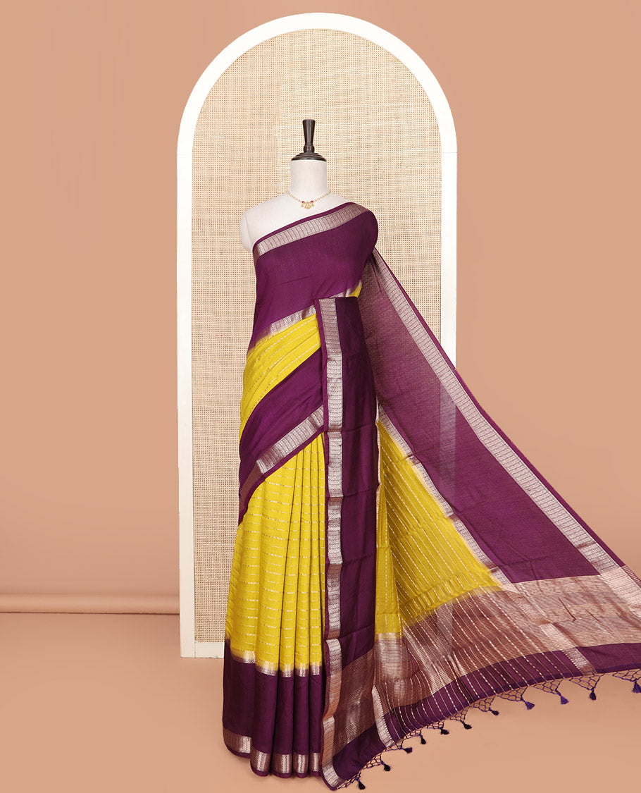 Yellow Assam Silk Saree Richly Detailed with Zari Stripes, Complemented by a Big Contrasting Colored Zari Border of Traditional Designs, a Pallu Steeped with Zari Stripes, and Paired with a Contrast Blouse
