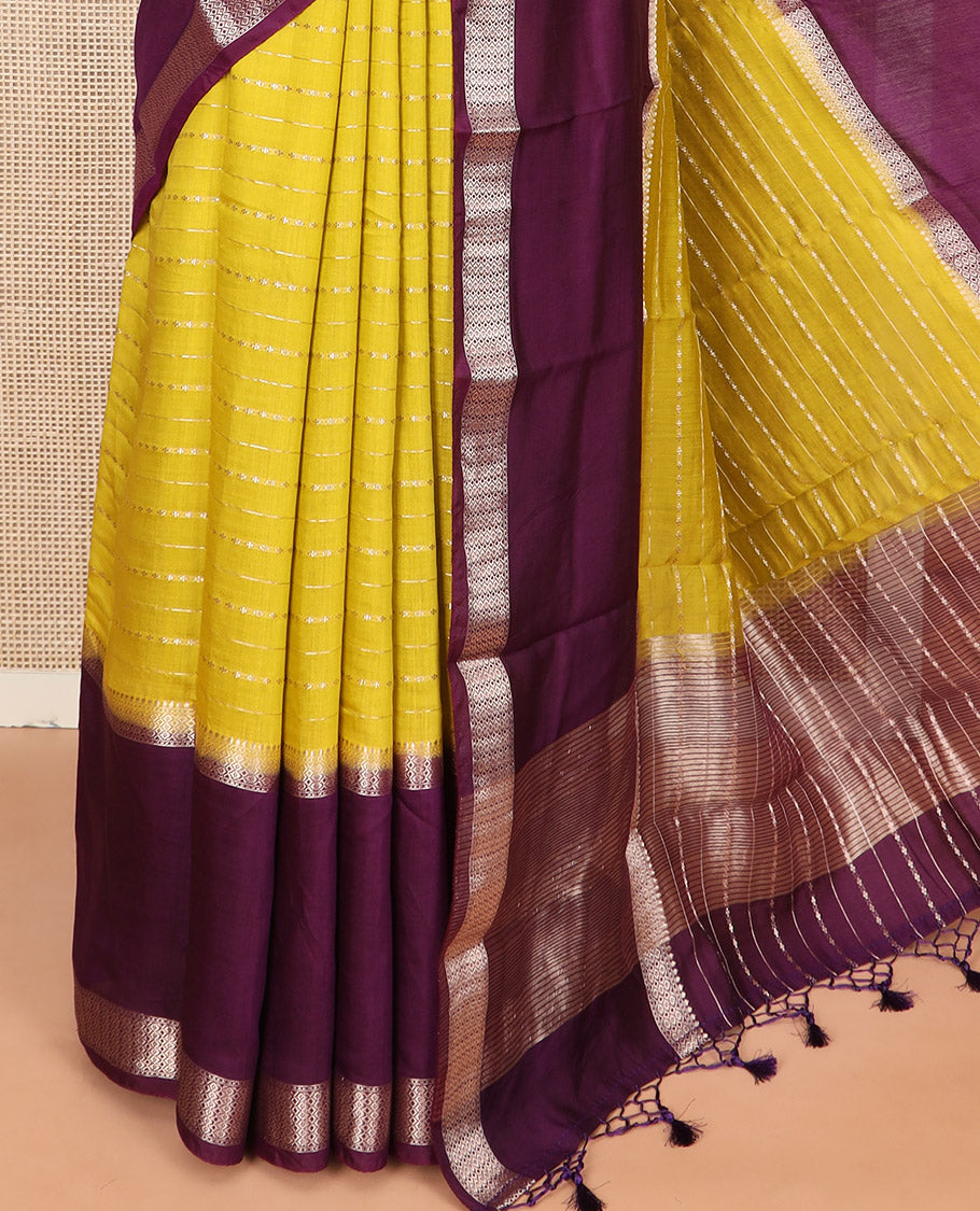 Yellow Assam Silk Saree Richly Detailed with Zari Stripes, Complemented by a Big Contrasting Colored Zari Border of Traditional Designs, a Pallu Steeped with Zari Stripes, and Paired with a Contrast Blouse