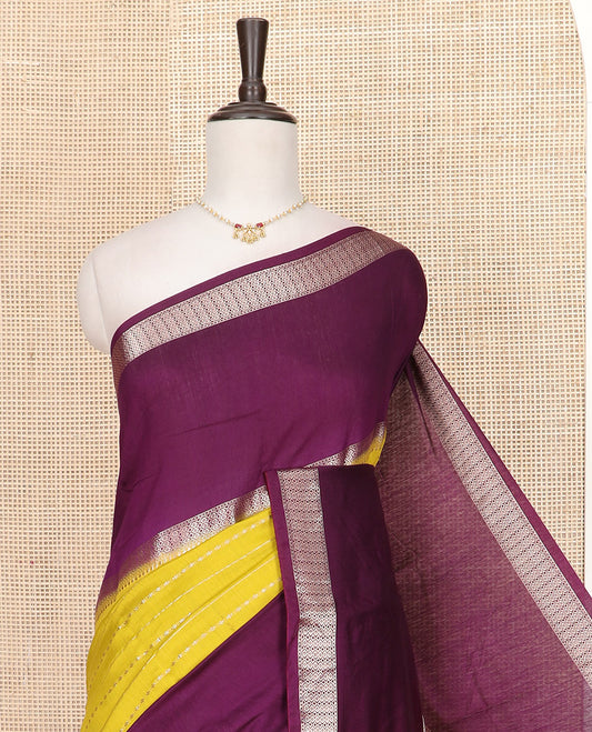 Yellow Assam Silk Saree Richly Detailed with Zari Stripes, Complemented by a Big Contrasting Colored Zari Border of Traditional Designs, a Pallu Steeped with Zari Stripes, and Paired with a Contrast Blouse