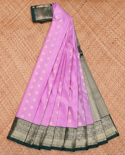 Pink Budget Silk Saree, Gleamed Up with Buttas, Complemented by a Contrast Traditional Border, Geometric Pallu, and a Contrast Blouse