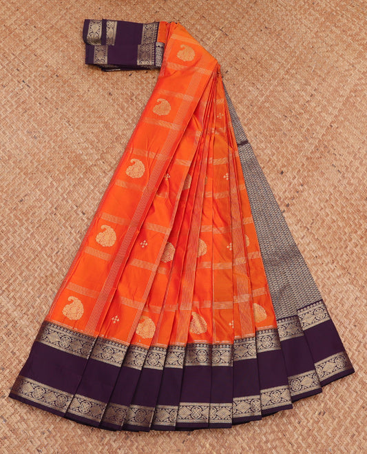 Orange Budget Silk Saree, Spotlighted with Zari Butta Enclosed Checks, Complemented by a Contrast Traditional Zari Rettai Pettu Border, Grand Pallu, and Contrast Blouse
