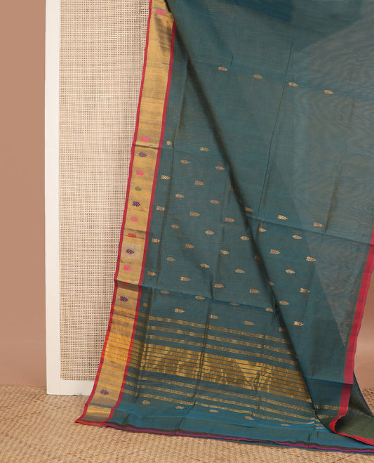 Blue buttas Venkatagiri cotton saree, contrast meena buttas zari border & pallu of zari stripes