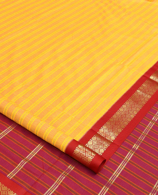 Yellow striped nine-yard cotton saree, contrast traditional design border, and striped pallu