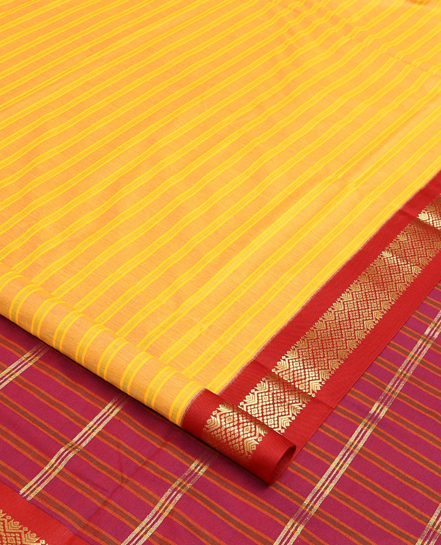 Yellow striped nine-yard cotton saree, contrast traditional design border, and striped pallu