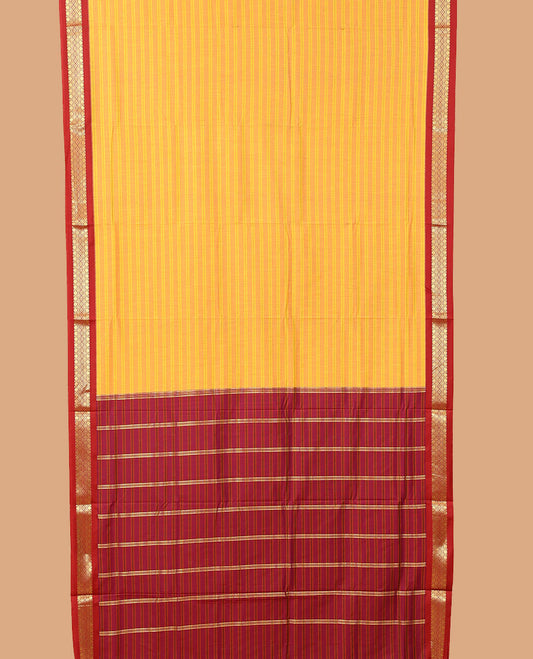 Yellow striped nine-yard cotton saree, contrast traditional design border, and striped pallu