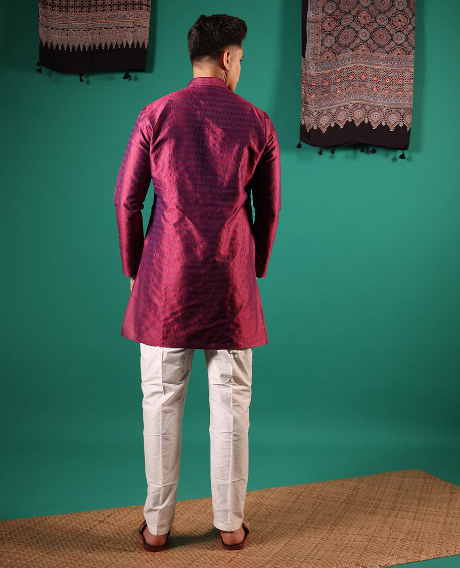 Maroon texture embossed full-sleeved men's kurta