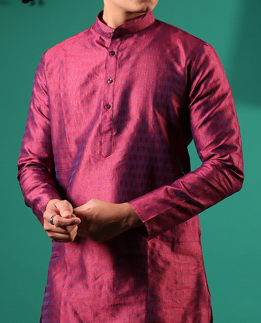 Maroon texture embossed full-sleeved men's kurta