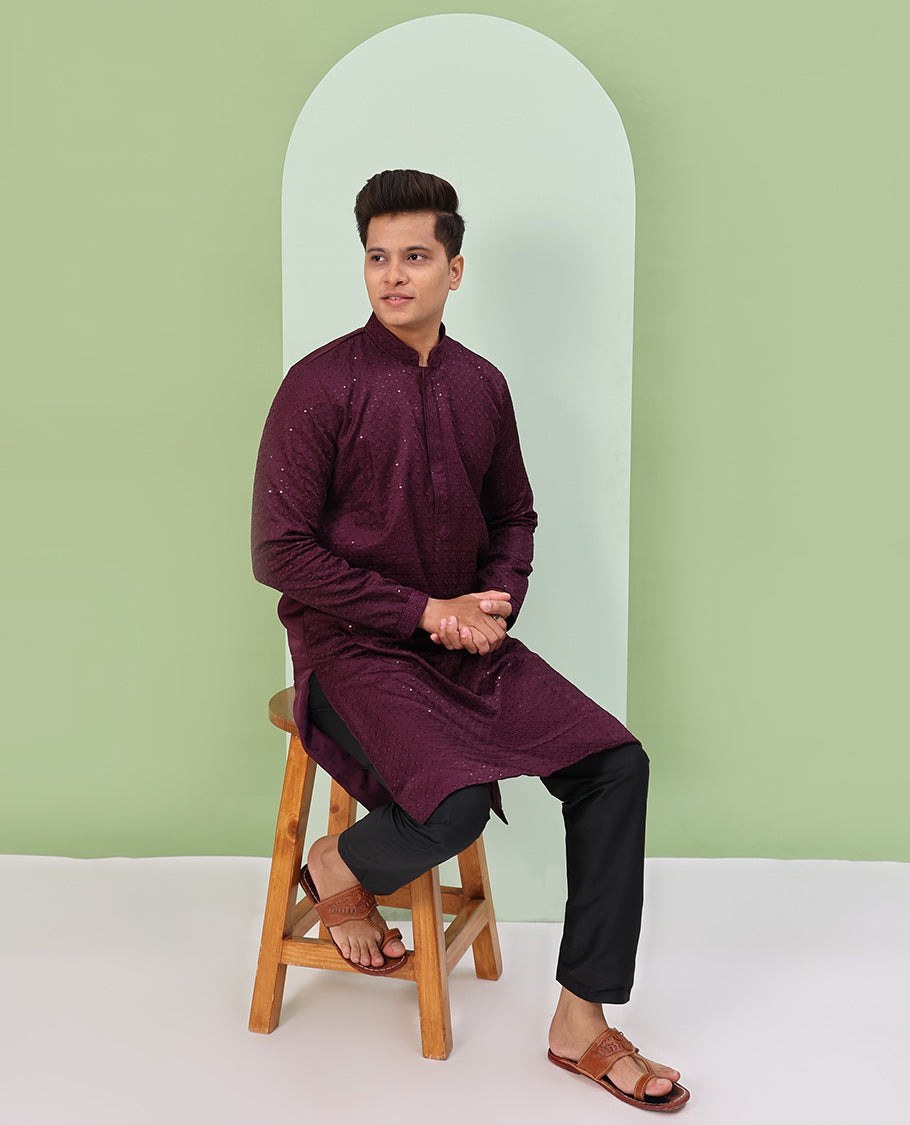 Wine color sequins embroidered full-sleeve kurta set