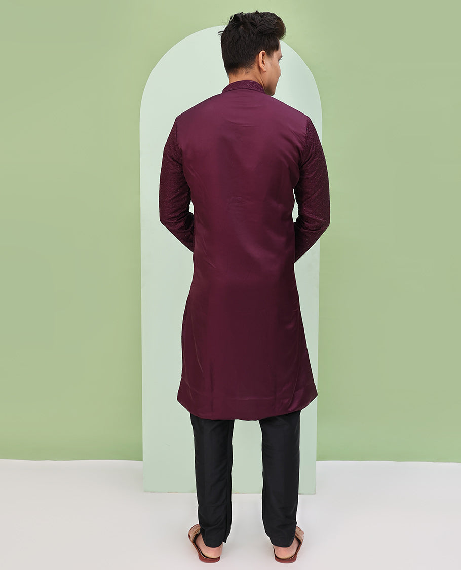 Wine color sequins embroidered full-sleeve kurta set