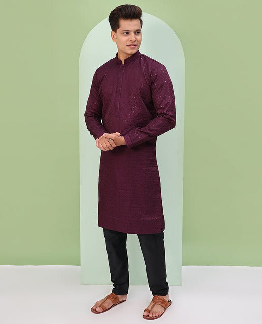 Wine color sequins embroidered full-sleeve kurta set