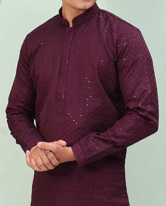Wine color sequins embroidered full-sleeve kurta set
