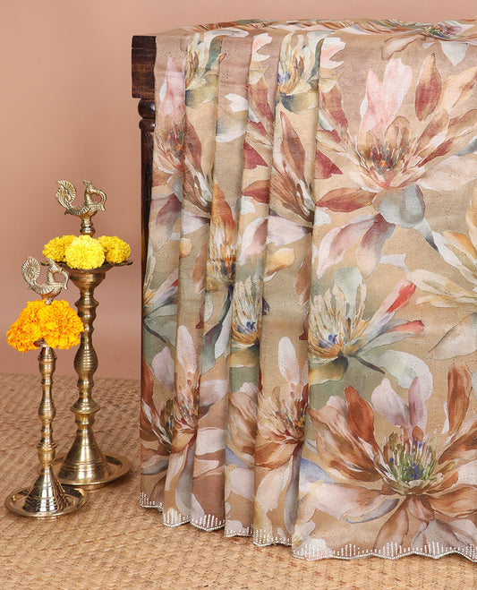 Mustard digital printed crush tissue saree with jargon stone work , scallop border & digital printed pallu along with swarovski stone work blouse