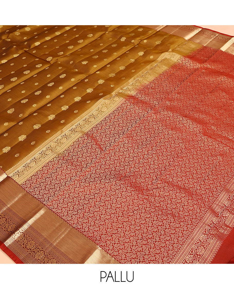 Mustard Vasundhara Lite Silk Mix Saree, Beautified with Zari Buttas, Complemented by a Contrast Border of Mayil Kann, and Kodi Visiry Designs, Grandly Woven Pallu, and Paired with a Contrast Blouse