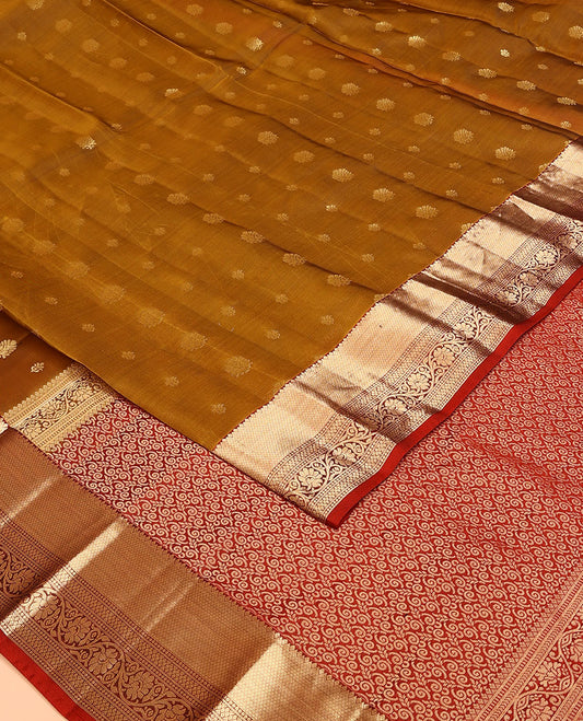 Mustard Vasundhara Lite Silk Mix Saree, Beautified with Zari Buttas, Complemented by a Contrast Border of Mayil Kann, and Kodi Visiry Designs, Grandly Woven Pallu, and Paired with a Contrast Blouse