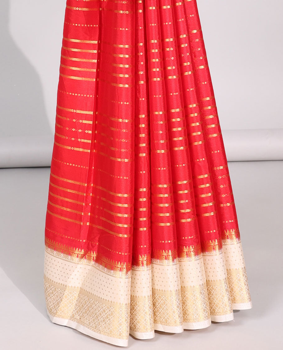 Red striped zari mysore silk saree with contrast zari border & forest theme print pallu