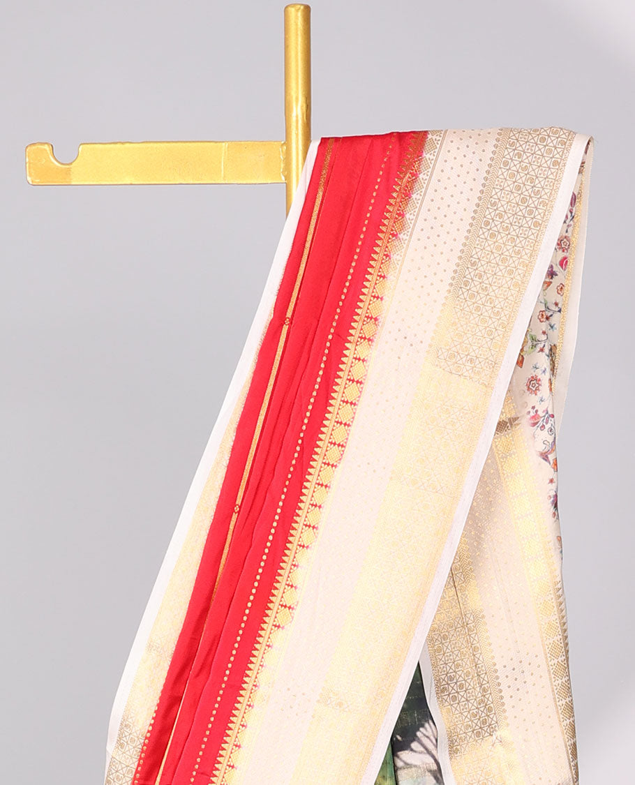 Red striped zari mysore silk saree with contrast zari border & forest theme print pallu