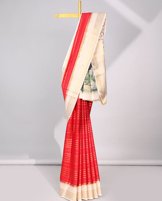Red striped zari mysore silk saree with contrast zari border & forest theme print pallu