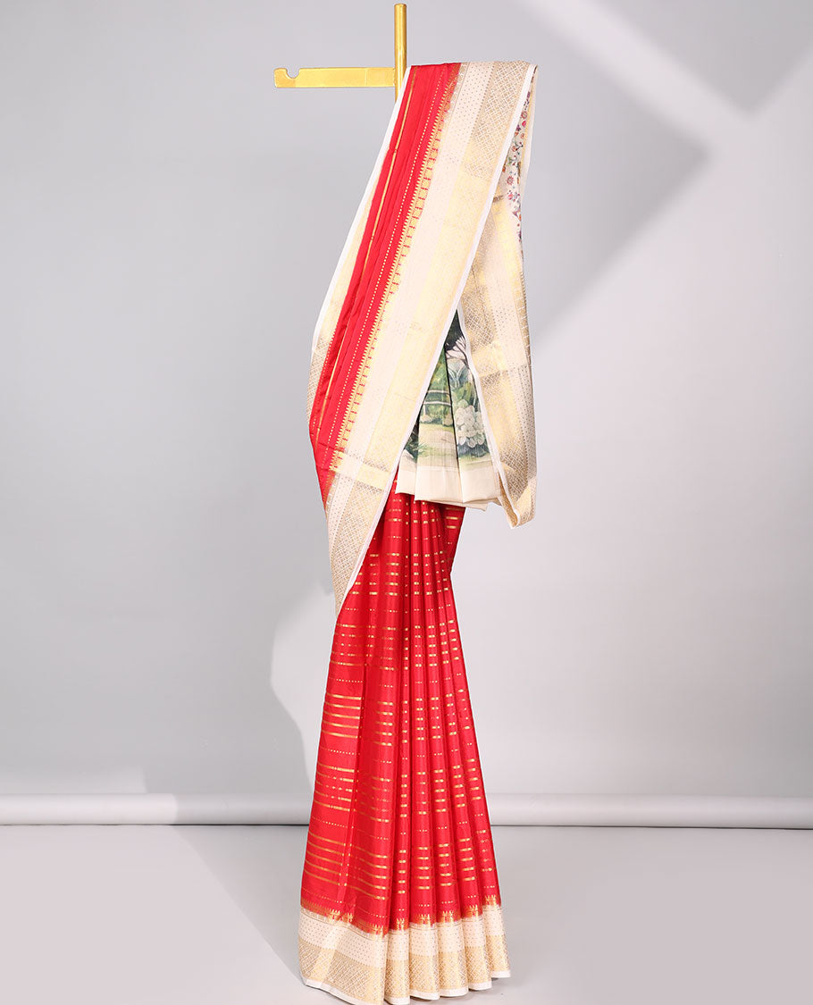 Red striped zari mysore silk saree with contrast zari border & forest theme print pallu