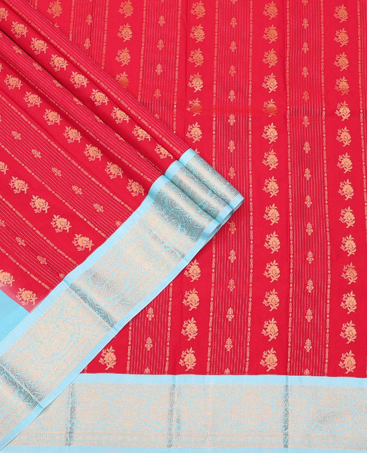 Red Art Silk Pavadai Material Set, Gleamed Up with Zari Design on Its Skirt, Complemented by a Contrast Traditional Zari Design Border, and Paired with a Contrast Blouse