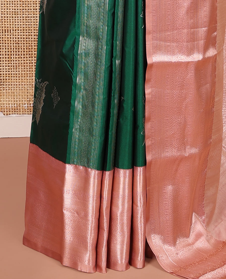 Dark Green Budget Silk Saree, Detailed with Zari Designs on Its Body, Complemented by a Contrast Traditional Zari Design Border, Intricately Designed Pallu, and Paired with a Contrast Blouse
